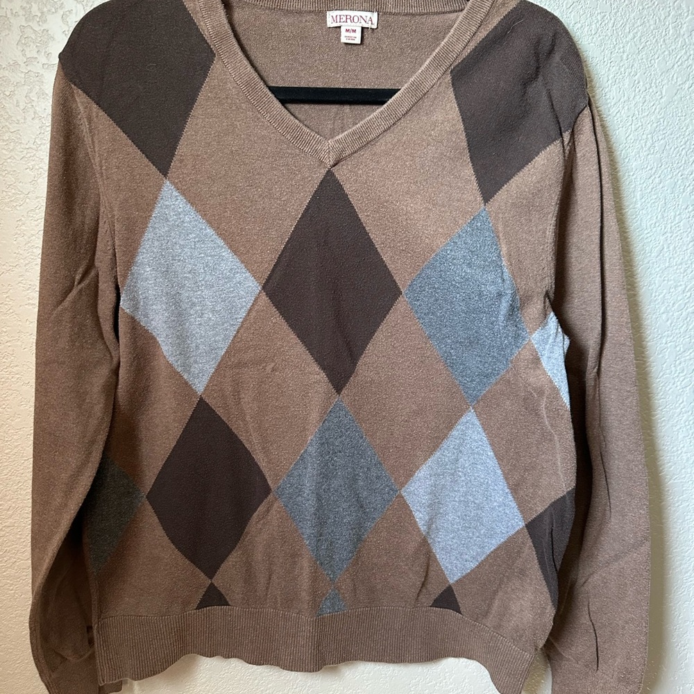 Merona Women's V-Neck Argyle Sweater - Brown and Gray